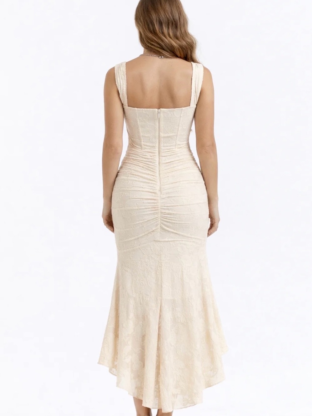 Lace Mermaid Romantic Sleeveless Dress Long With Rouched Back Tapered Train SZ S - Picture 2 of 7